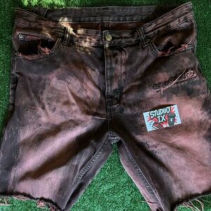 Ksubi Black and Red Distressed Jean Shorts